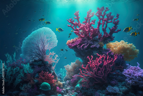 Underwater coral reef, coral lagoon at sea, ocean ecosystem. Generative AI