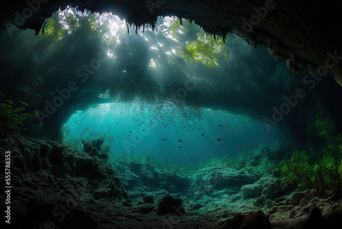 View in a submerged cenote, underwater cave stalactites, cave diving, Yucatan, Mexico. Generative AI