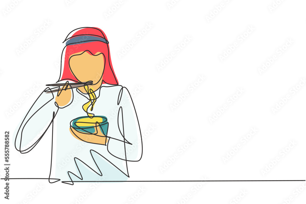 Continuous one line drawing young Arabian man having noodles meal with chopsticks around table. Enjoy lunch when hungry. Delicious and healthy food. Single line draw design vector graphic illustration Continuous one line drawing young Arabian man having noodles meal with chopsticks around table. Enjoy lunch when hungry. Delicious and healthy food. Single line draw design vector graphic illustration