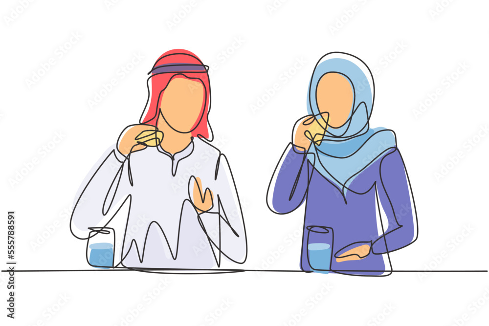Single continuous line drawing Arabian couple having hamburger meal around table at restaurant. Happy teenagers talking, smiling and laughing together. One line draw graphic design vector illustration Single continuous line drawing Arabian couple having hamburger meal around table at restaurant. Happy teenagers talking, smiling and laughing together. One line draw graphic design vector illustration