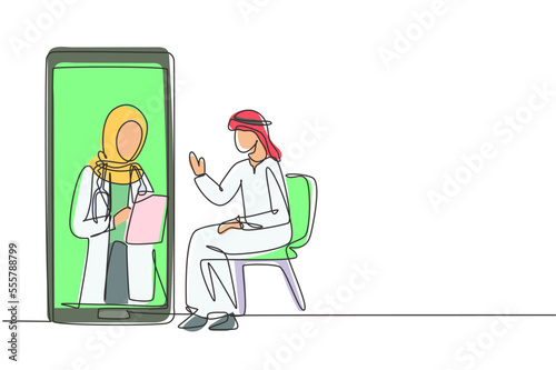 Single one line drawing hijab female doctor holding clipboard checking condition of Arabian male patient sitting on chair. Online consultation. Continuous line draw design graphic vector illustration