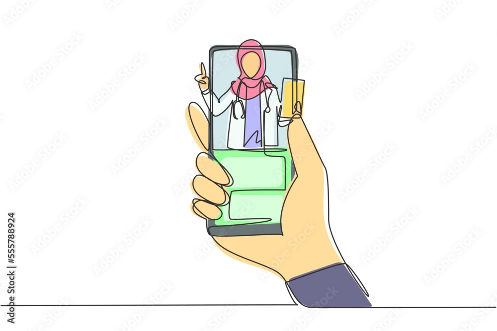 Continuous one line drawing hand holding smartphone and there is hijab female doctor coming out of smartphone screen holding clipboard. Online consultation. Single line draw design vector graphic