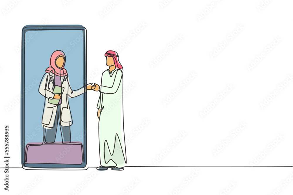 Single continuous line drawing Arabian male patient shaking hands with female doctor in smartphone holding clipboard. Online medical concept. Dynamic one line draw graphic design vector illustration