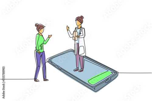 Single one line drawing female doctor standing on smartphone, in front of her standing female patient. Online medical services and consultation. Continuous line draw design graphic vector illustration