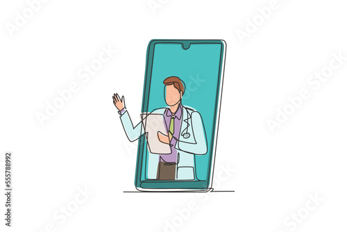 Single continuous line drawing male doctor comes out of smartphone screen holding clipboard. Online medical services  medical consultation. Dynamic one line draw graphic design vector illustration