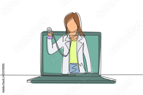 Continuous one line drawing female doctor comes out of laptop screen holding stethoscope. Online medical services, medical consultation concept. Single line draw design vector graphic illustration