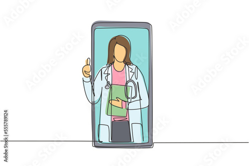 Single continuous line drawing two smartphones face to face and contain hijab female patient and hijab female doctor with their bodies as if coming out of a smartphone. One line draw graphic design