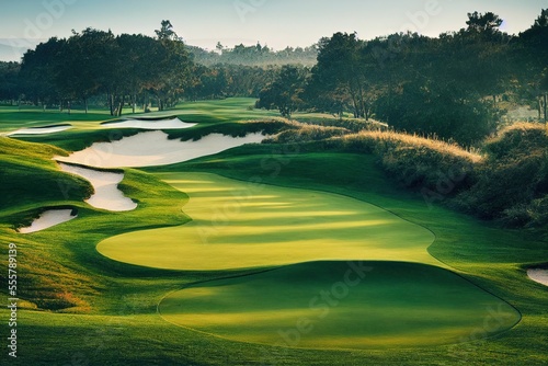 beautiful golf course at sunset or sunrise, generative ai