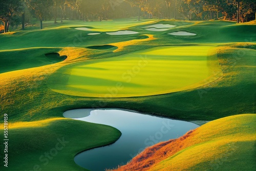beautiful golf course at sunset or sunrise  generative ai