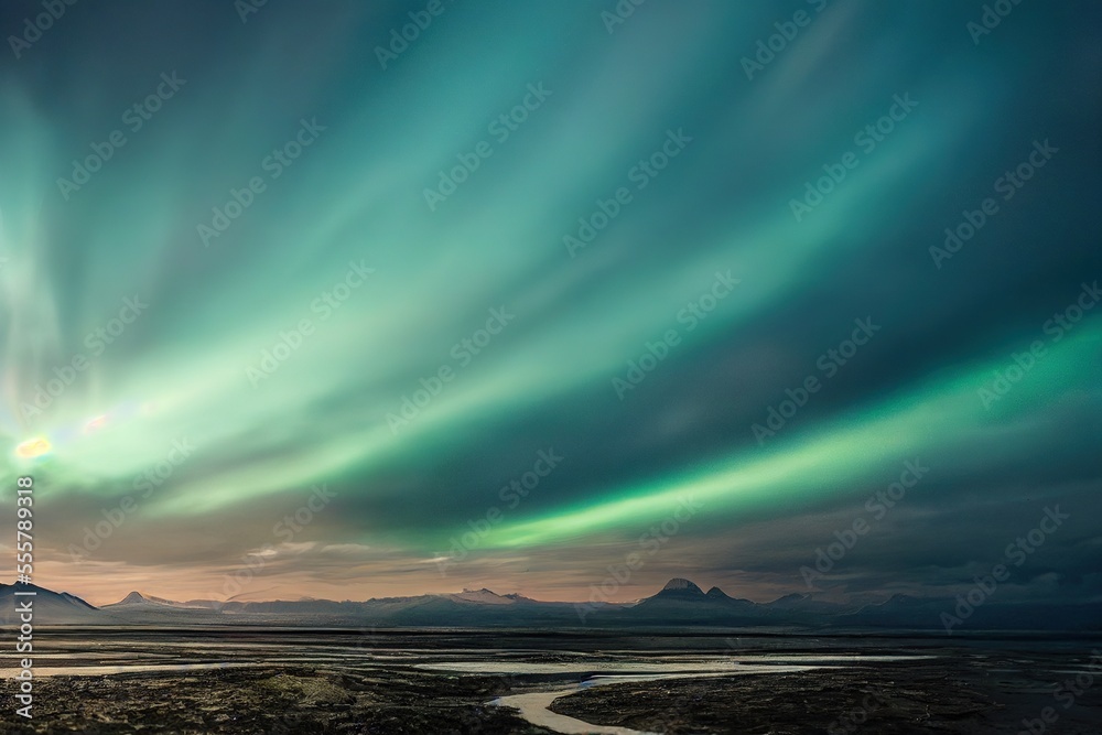 polar lights or aurora borealis over far northern landscape with a creek mountain range in background, generative ai