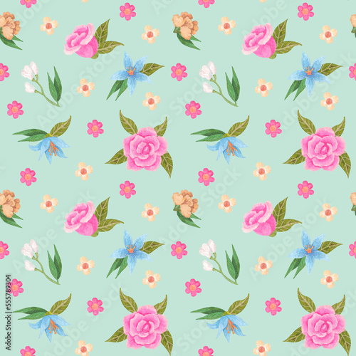 Seamless pattern with flowers. Watercolor and gouache illustration. The print is used for Wallpaper design, fabric, textile, packaging.