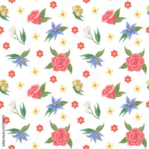 Seamless pattern with flowers. Watercolor and gouache illustration. The print is used for Wallpaper design, fabric, textile, packaging.