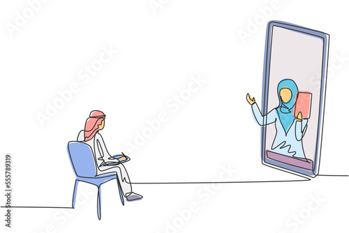 Continuous one line drawing Arabian male student sitting studying staring at monitor screen and inside laptop there is hijab female lecturer who is teaching. Single design vector graphic illustration