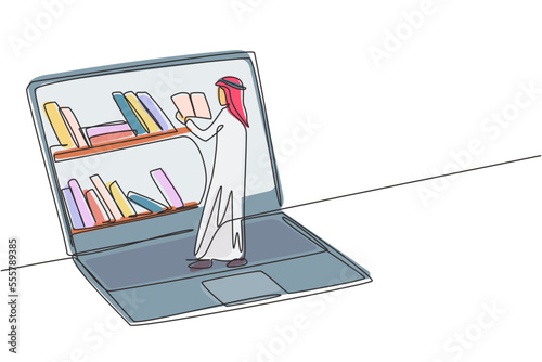 Single continuous line drawing young Arab male college student reading book while standing in front of laptop screen with bookshelf on screen. Dynamic one line draw graphic design vector illustration