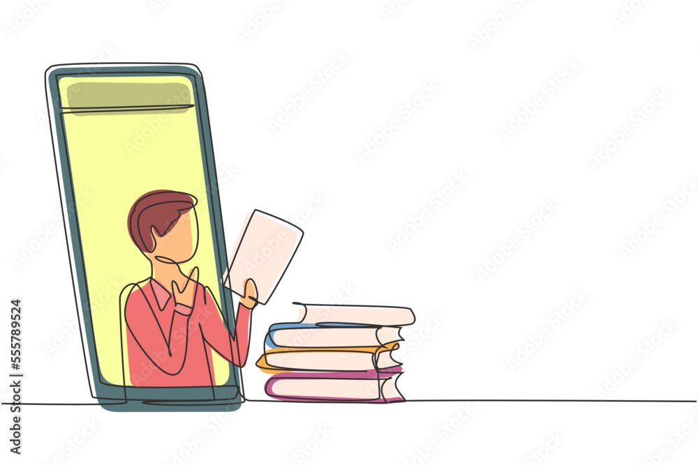 Continuous one line drawing male teacher is teaching, half of his body is out of smartphone screen and beside him is pile of books. internet class. Single line draw design vector graphic illustration Continuous one line drawing male teacher is teaching, half of his body is out of smartphone screen and beside him is pile of books. internet class. Single line draw design vector graphic illustration