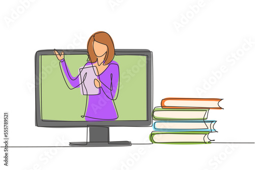 Single continuous line drawing female teacher is teaching, half of her body is out of laptop screen and beside her is pile of books. internet class. One line draw graphic design vector illustration