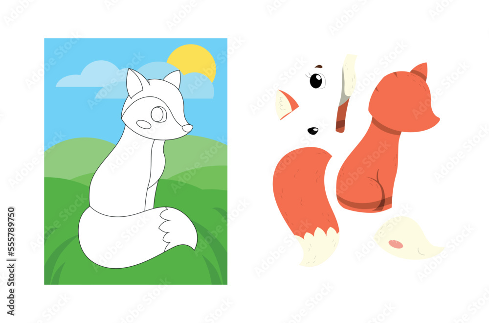 Obraz premium Animal puzzle with fox. Graphic element for website. Educational material, training and education, biology and zoology. Nature, fauna and wild life metaphor. Cartoon flat vector illustration