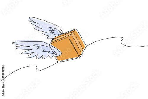 Continuous one line drawing Flying package box with wings. E-commerce, online shopping. Online delivery service. Fast delivery parcel concept. Single line draw design vector graphic illustration