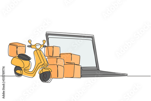 Single continuous line drawing giant laptop standing in front of courier scooter and pile of package boxes. Online delivery service concept. Dynamic one line draw graphic design vector illustration