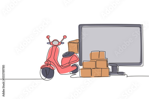 Single one line drawing giant monitor standing in front of courier scooter and pile of package boxes. Online delivery service concept. Modern continuous line draw design graphic vector illustration