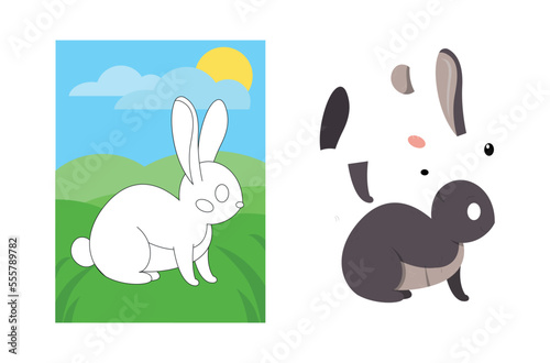Animal puzzle with rabbit. Educational kit for developing childrens creative skills. Charming forest dweller sits in green lawn, wild life and fauna, biology. Cartoon flat vector illustration