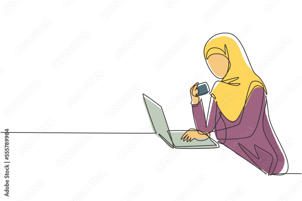 Continuous one line drawing young Arab woman typing entering credit ...