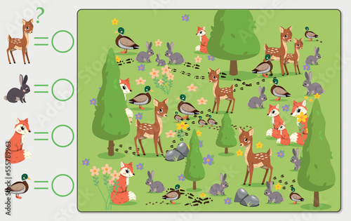 Animal puzzle concept. Task to find deer  ducks  foxes and rabbits. Forest inhabitants  flora and fauna. Poster or banner for website. Educational material for kids. Cartoon flat vector illustration