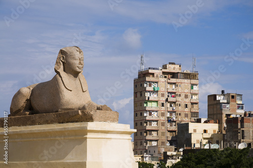 Sphinx, Buildings in Background, Alexandria, Egypt