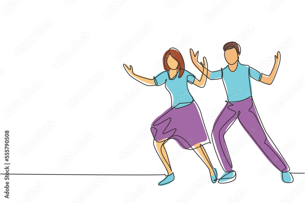 Single continuous line drawing people dancing salsa. Couples, man and woman in dance. Pairs of dancers with waltz tango and salsa styles moves. Dynamic one line draw graphic design vector illustration