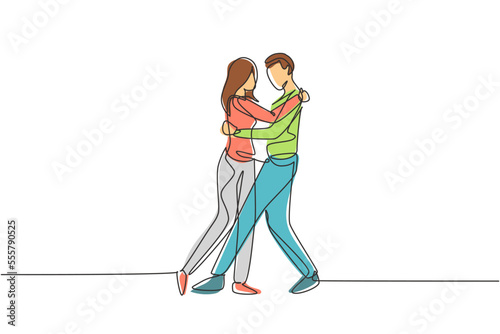 Continuous one line drawing happy people dancing salsa. Couples, man and woman in dance. Pairs of dancers with waltz tango and salsa styles moves. Single line draw design vector graphic illustration