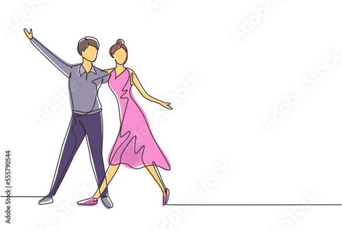 Continuous one line drawing male female professional dancer couple dancing tango, waltz dances together on dancing contest dancefloor. Fun activity. Single line draw design vector graphic illustration