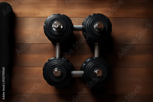 Two fitness gym dumbbells with chrome handles and black plates are stacked on a hardwood floor in this top down  flat lay illustration of a muscle building or fitness idea. Generative AI
