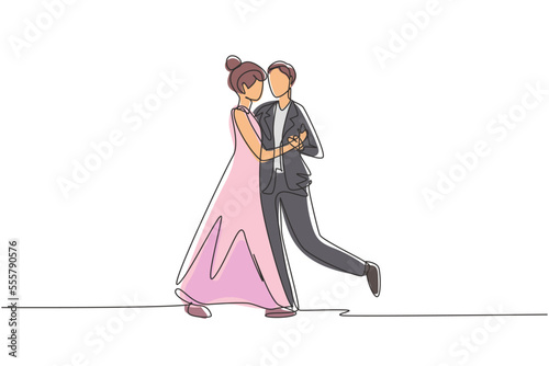 Single continuous line drawing man woman professional dancer couple dancing tango, waltz dances on dancing contest dancefloor. Romantic night. Dynamic one line draw graphic design vector illustration