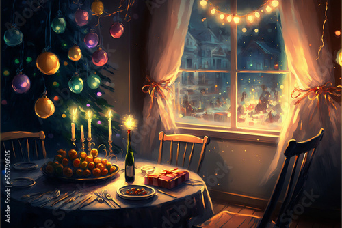 New Years Eve Holiday Greeting Card Style Painting of formal dining room with raucous party in the snow happening in the window Generative AI