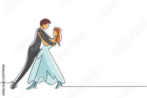 Single one line drawing man and woman romantic professional dancer couple dancing tango, waltz dances on dancing contest dancefloor. Modern continuous line draw design graphic vector illustration