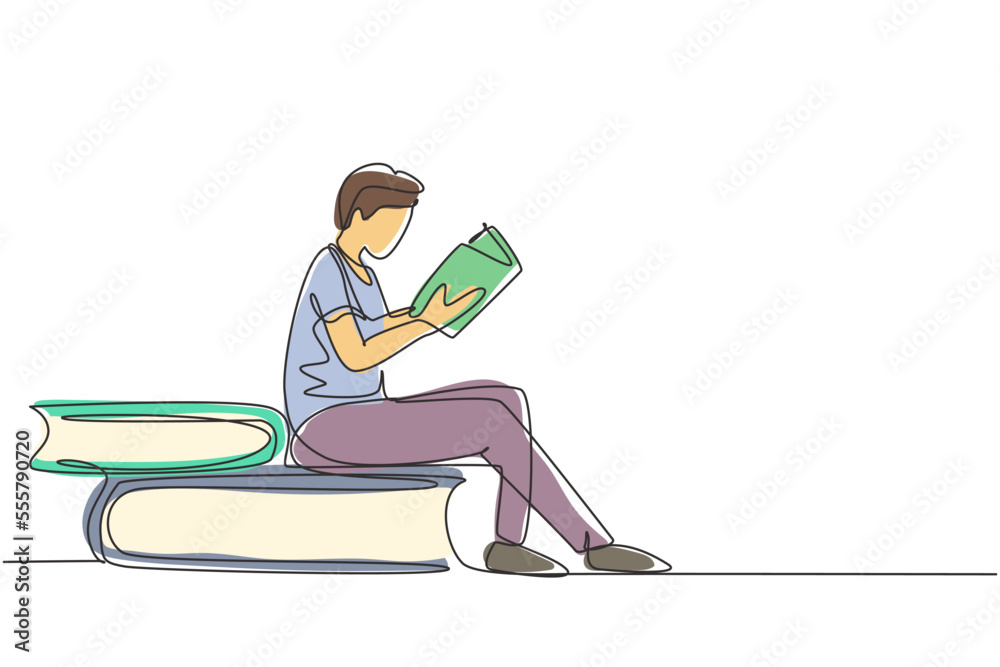 Continuous one line drawing young man reading, learning and sitting on big books. Study in library. Literature fans or lovers, education concept. Single line draw design vector graphic illustration