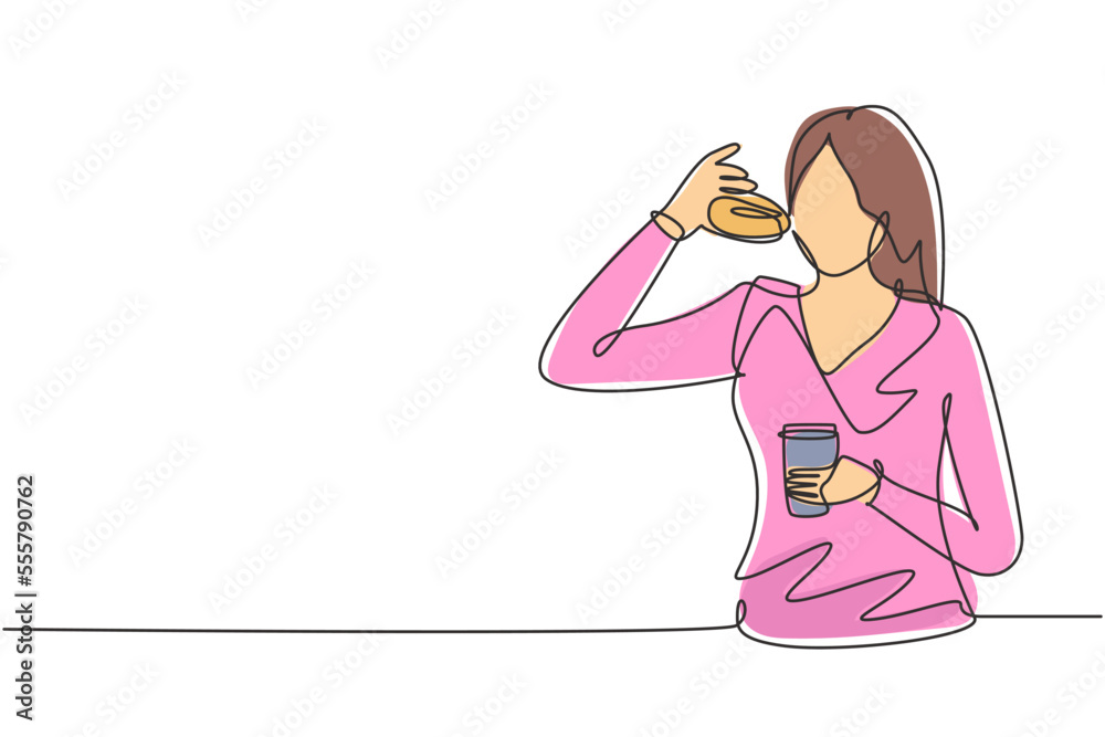 Single one line drawing young woman having donut meal and drink cup of coffee with hand. Enjoy breakfast. Delicious and healthy food. Modern continuous line draw design graphic vector illustration Single one line drawing young woman having donut meal and drink cup of coffee with hand. Enjoy breakfast. Delicious and healthy food. Modern continuous line draw design graphic vector illustration