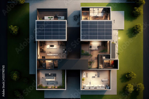 top view of the modern single family home's solar panels,. Generative AI