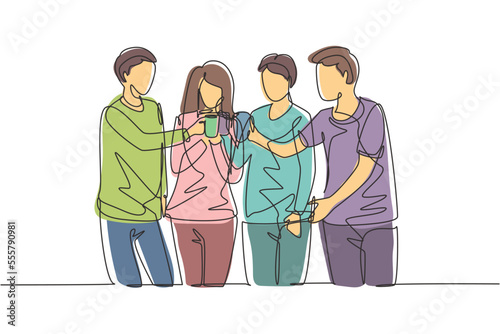 Continuous one line drawing 
teenagers toast with soft drinks to celebrate friendship at a garden party. Happy togetherness and lifestyle concept. Single line draw design vector graphic illustration