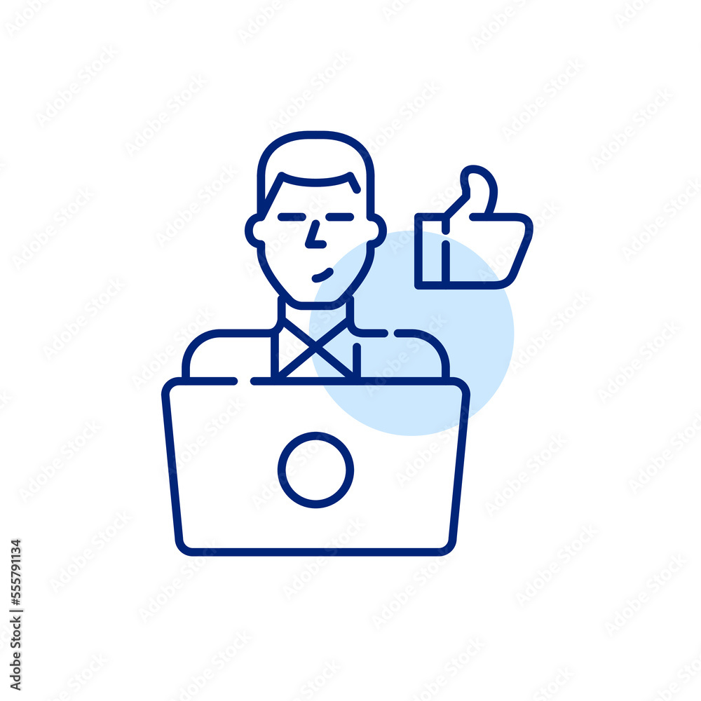 Young man at laptop giving thumbs up. Pixel perfect, editable stroke line icon Young man at laptop giving thumbs up. Pixel perfect, editable stroke line icon