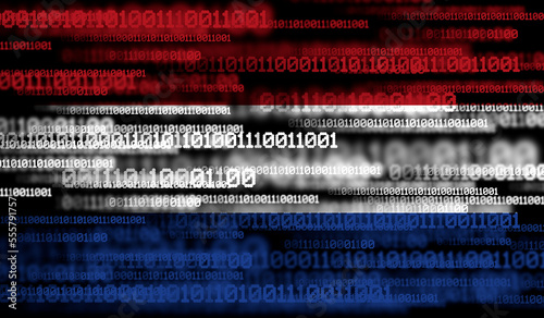 Flag of Netherlands on binary code. Modern technology concept.
