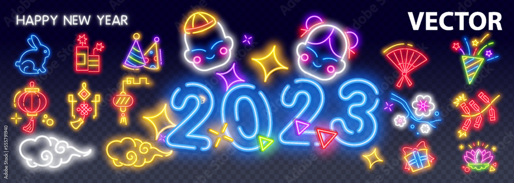 Vector glowing Greeting card Happy New Year 2023 Blue Neon Font. Bright illuminated Alphabet Letters and Numbers