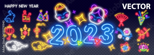 Vector glowing Greeting card Happy New Year 2023 Blue Neon Font. Bright illuminated Alphabet Letters and Numbers
