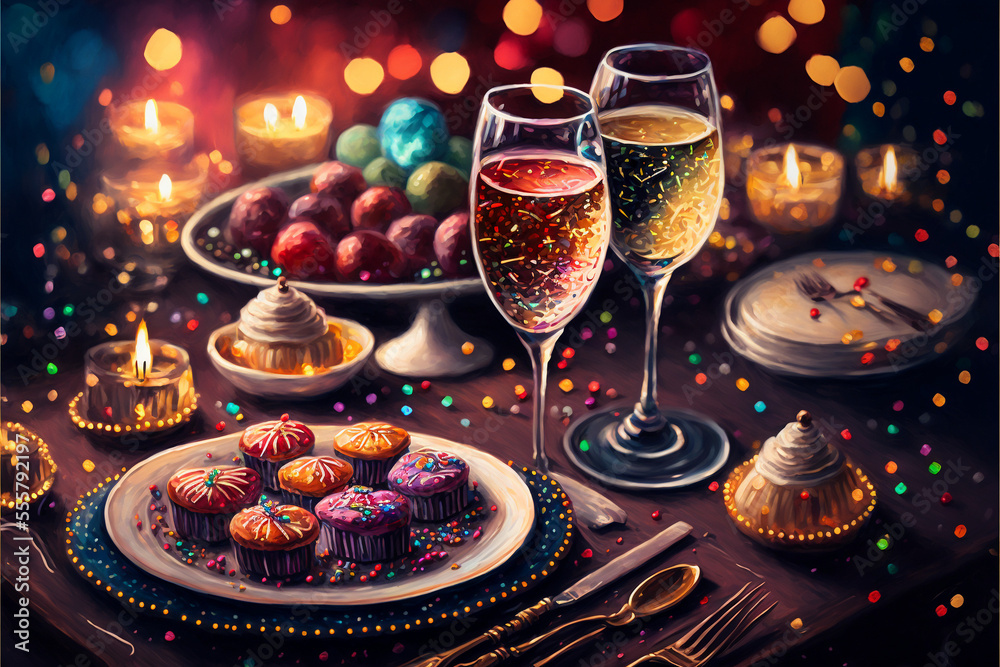 Champagne Toast and Little Mini Cakes Cozy Celebration with Lights, Candles, and Colorful Bokeh New Years Eve Holiday Greeting Card Style Painting