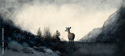 Lone Young Deer on a Gloomy Hillside with White Space for Text Representing Perseverance