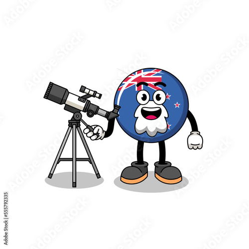 Illustration of new zealand flag mascot as an astronomer