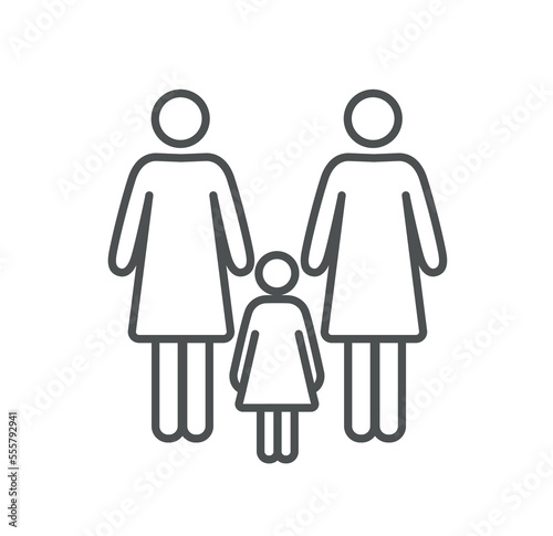 Adoption female family. Two women took their daughter  logotype and branding. Lesbian family  good relationship. Charity and care  help. Minimalist creativity and art. Cartoon flat vector illustration