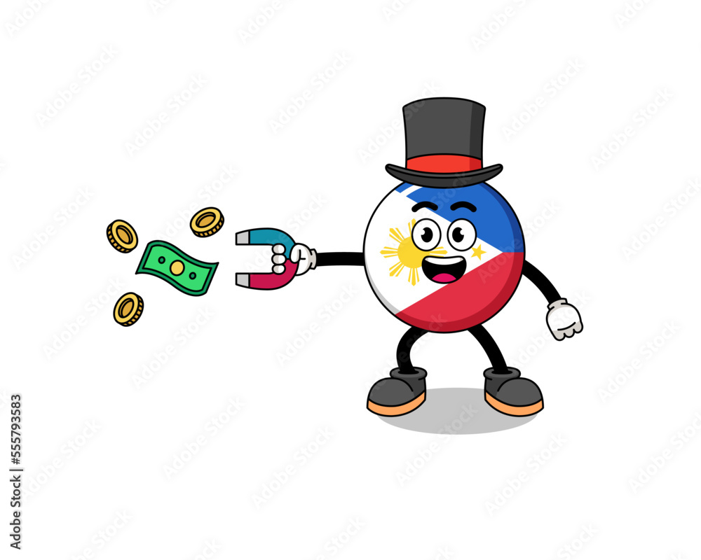 Character Illustration of philippines flag catching money with a magnet Character Illustration of philippines flag catching money with a magnet