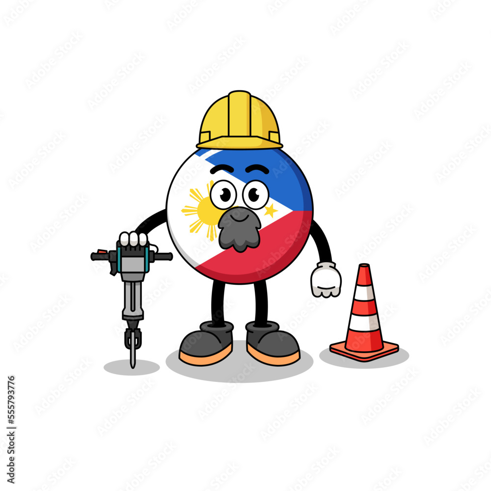 Character cartoon of philippines flag working on road construction Character cartoon of philippines flag working on road construction