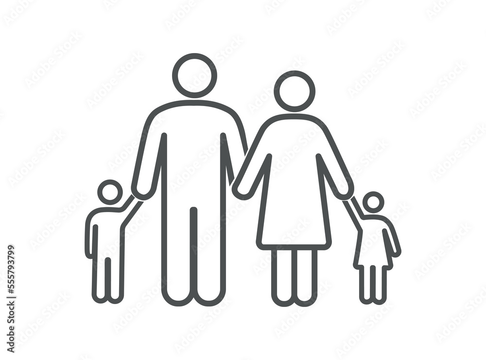 Adoption family icon. Man and woman walking with children, parents, mother and father. Sticker for social networks and messengers. Good relationship in family. Cartoon flat vector illustration Adoption family icon. Man and woman walking with children, parents, mother and father. Sticker for social networks and messengers. Good relationship in family. Cartoon flat vector illustration
